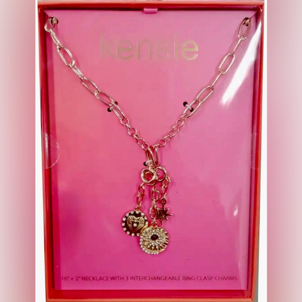 Kensie Gold Charm Necklace w/3 interchangeable ring clasp charms